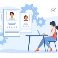 Recruit agent analyzing candidates. HR manager studying employees profiles on internet flat vector illustration. Rate, staff, human resource concept for banner, website design or landing web page